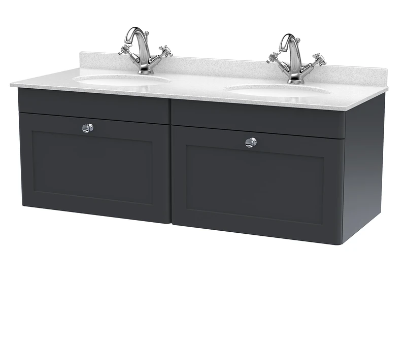 nuie CLC1494WR2 Classique Wall Hung 2 Drawer Unit & 1 Tap Hole Double Marble Top with Round Basin, 1200mm, Satin Anthracite/White, Soft Black