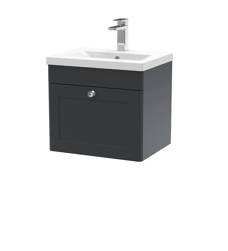 nuie CLC1491D Classique Wall Hung 1 Drawer Unit & Mid-Edge Ceramic Basin, 500mm, Satin Anthracite, Soft Black