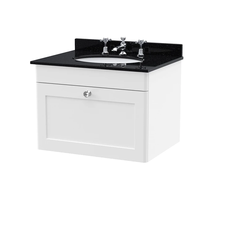 nuie CLC194BR3 Classique Wall Hung 1 Drawer Unit & 3 Tap Hole Marble Worktop with Round Basin, 600mm, Satin White/Black