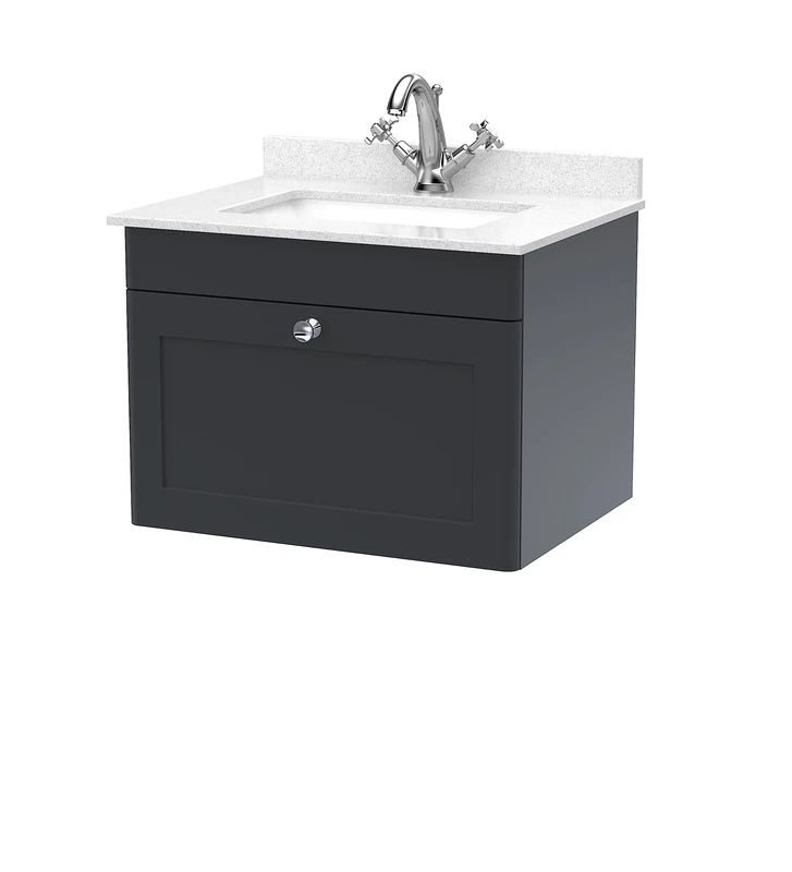 nuie CLC1494WS1 Classique Wall Hung 1 Drawer Unit & 1 Tap Hole Marble Worktop with Square Basin, 600mm, Satin Anthracite/White, Soft Black