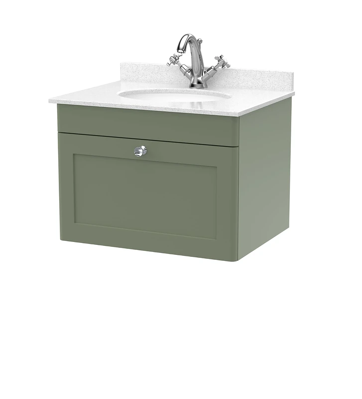 nuie CLC894WR1 Classique Wall Hung 1 Drawer Unit & 1 Tap Hole Marble Worktop with Round Basin, 600mm, Satin Green/White