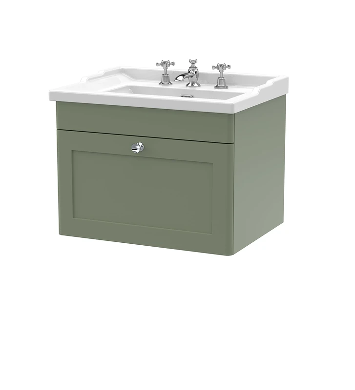 nuie CLC894G Classique Wall Hung 1 Drawer Vanity Unit & 3 Tap Hole Ceramic Basin, 600mm, Satin Green