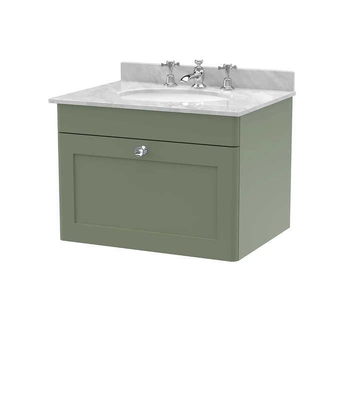 nuie CLC894GR3 Classique Wall Hung 1 Drawer Unit & 3 Tap Hole Marble Worktop with Round Basin, 600mm, Satin Green/Grey