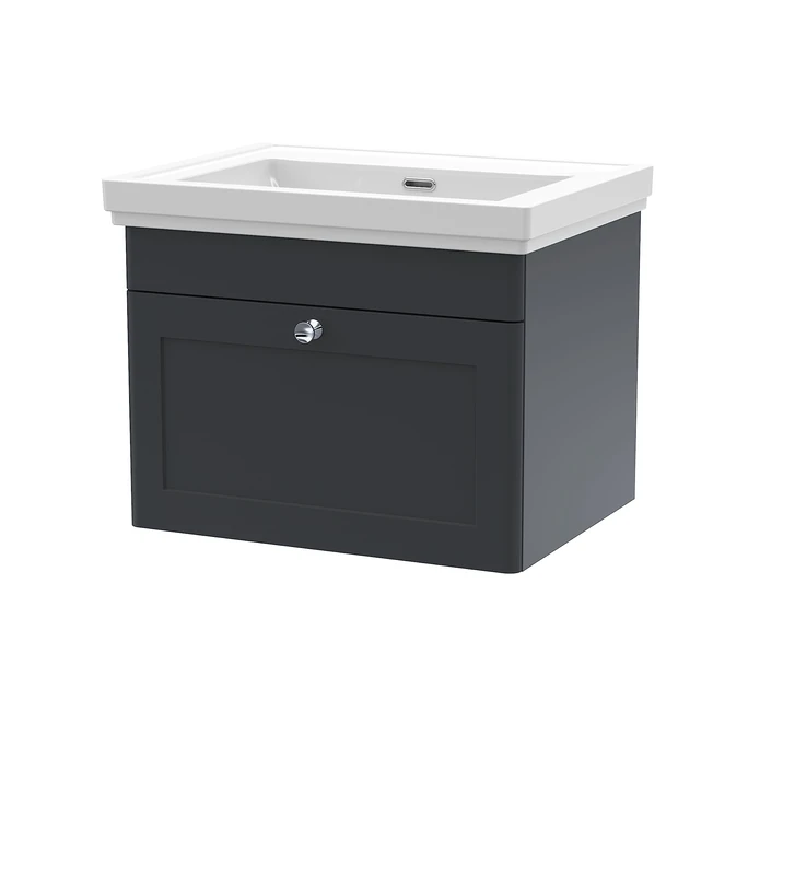 nuie CLC1494H Classique Wall Hung 1 Drawer Vanity Unit & 0 Tap Hole Fireclay Basin, 600mm, Satin Anthracite, Soft Black