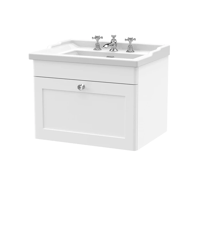 nuie CLC194G Classique Wall Hung 1 Drawer Vanity Unit & 3 Tap Hole Ceramic Basin, 600mm, Satin White
