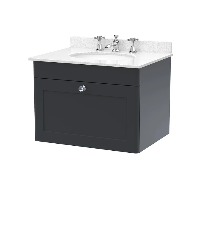 nuie CLC1494WR3 Classique Wall Hung 1 Drawer Unit & 3 Tap Hole Marble Worktop with Round Basin, 600mm, Satin Anthracite/White, Soft Black