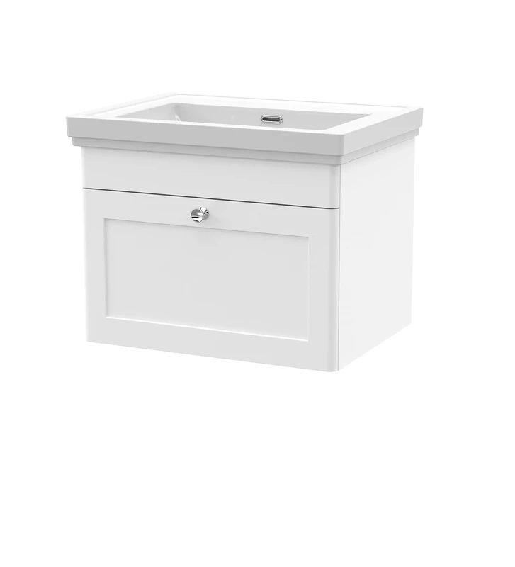 nuie CLC194H Classique Traditional Bathroom Wall Hung 1 Drawer Vanity Unit & 0 Tap Hole Fireclay Basin, 600mm, Satin White