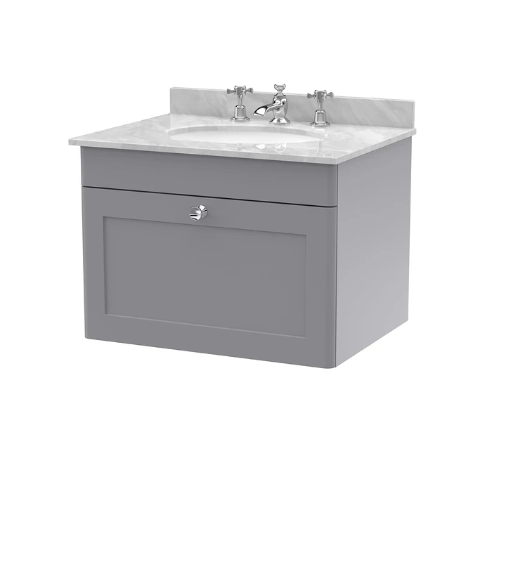 nuie CLC294GR3 Classique Wall Hung 1 Drawer Unit & 3 Tap Hole Marble Worktop with Round Basin, 600mm, Satin Grey