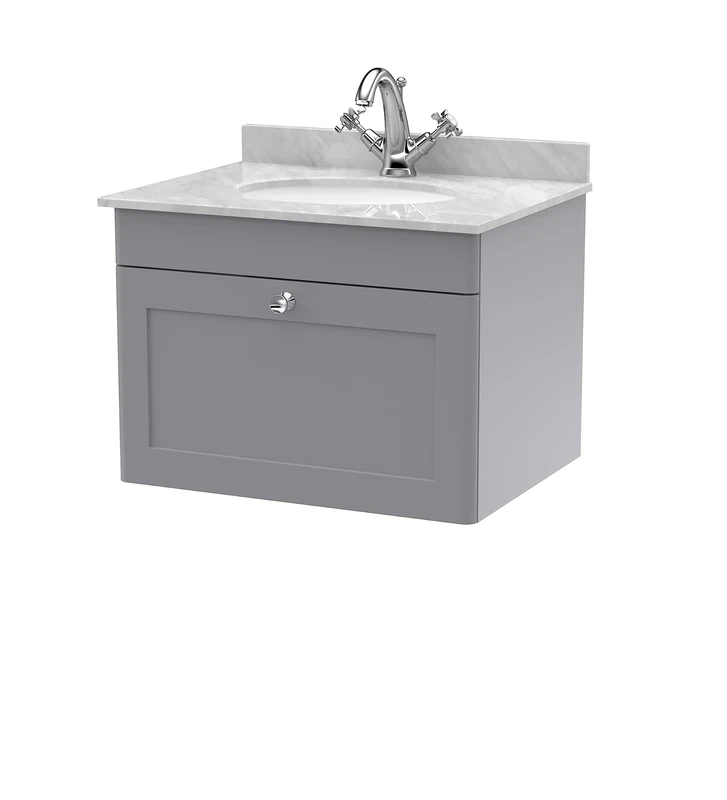 nuie CLC294GR1 Classique Wall Hung 1 Drawer Unit & 1 Tap Hole Marble Worktop with Round Basin, 600mm, Satin Grey
