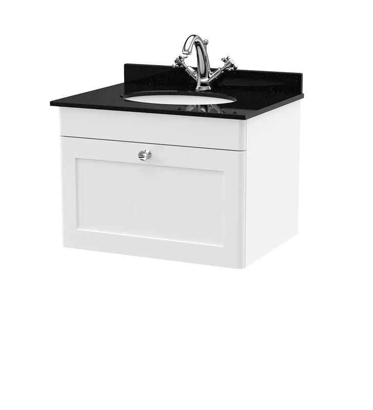 nuie CLC194BR1 Classique Wall Hung 1 Drawer Unit & 1 Tap Hole Marble Worktop with Round Basin, 600mm, Satin White/Black