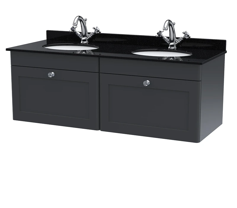 nuie CLC1494BR2 Classique Wall Hung 2 Drawer Unit & 1 Tap Hole Double Marble Top with Round Basin, 1200mm, Satin Anthracite, Soft Black