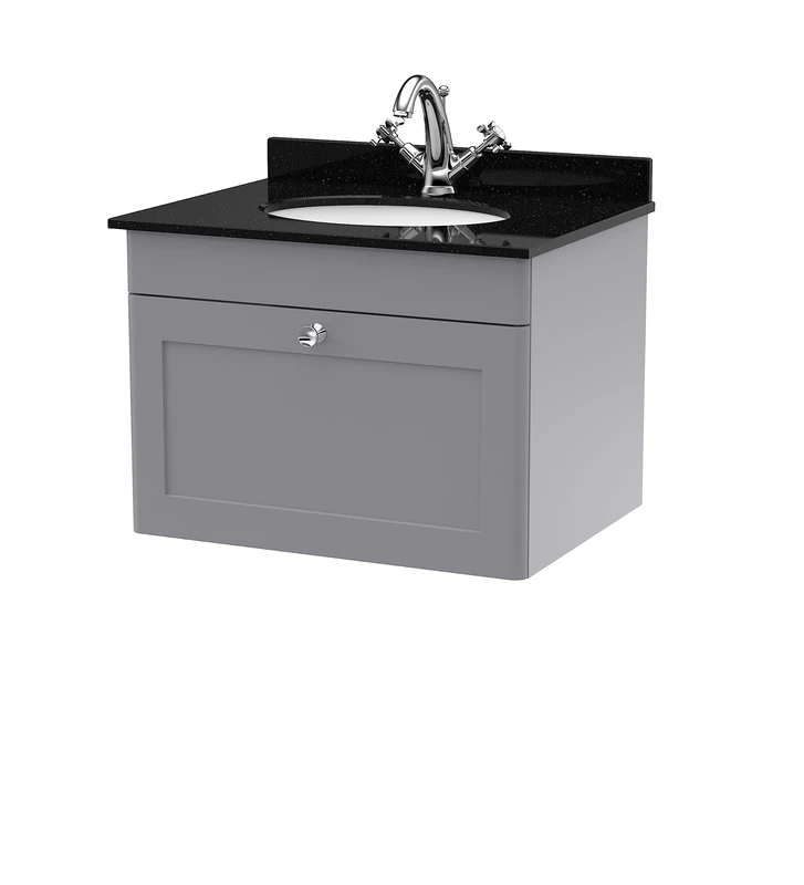 nuie CLC294BR1 Classique Wall Hung 1 Drawer Unit & 1 Tap Hole Marble Worktop with Round Basin, 600mm, Satin Grey/Black