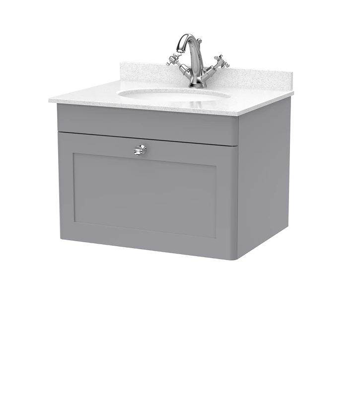 nuie CLC294WR1 Classique Wall Hung 1 Drawer Unit & 1 Tap Hole Marble Worktop with Round Basin, 600mm, Satin Grey/White