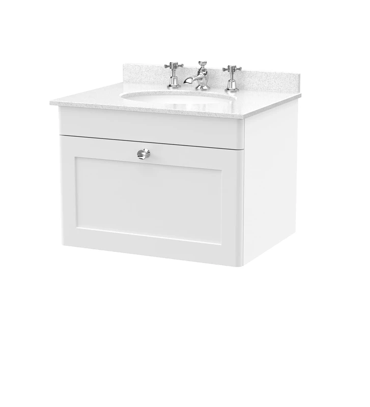nuie CLC194WR3 Classique Wall Hung 1 Drawer Unit & 3 Tap Hole Marble Worktop with Round Basin, 600mm, Satin White