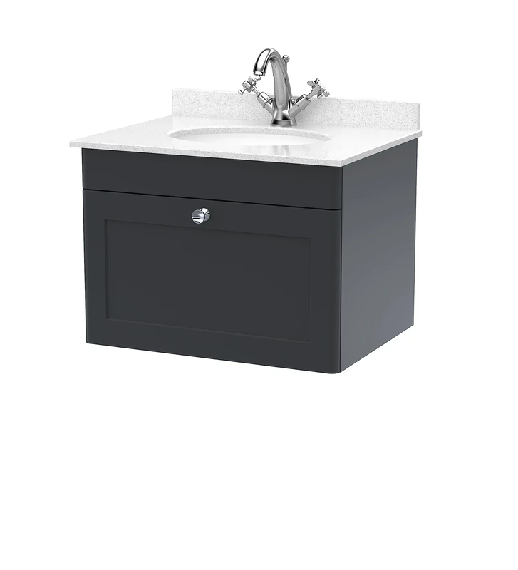 nuie CLC1494WR1 Classique Wall Hung 1 Drawer Unit & 1 Tap Hole Marble Worktop with Round Basin, 600mm, Satin Anthracite/White, Soft Black