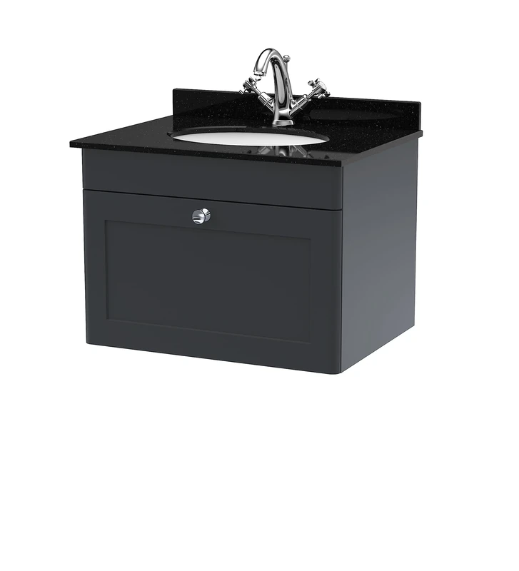 nuie CLC1494BR1 Classique Wall Hung 1 Drawer Unit & 1 Tap Hole Marble Worktop with Round Basin, 600mm, Satin Anthracite, Soft Black