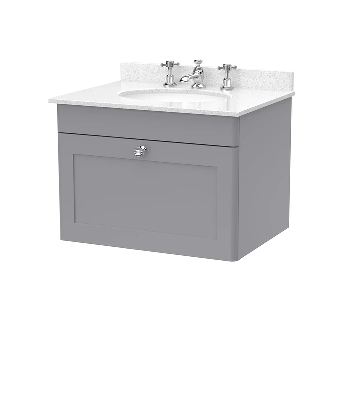 nuie CLC294WR3 Classique Wall Hung 1 Drawer Unit & 3 Tap Hole Marble Worktop with Round Basin, 600mm, Satin Grey/White