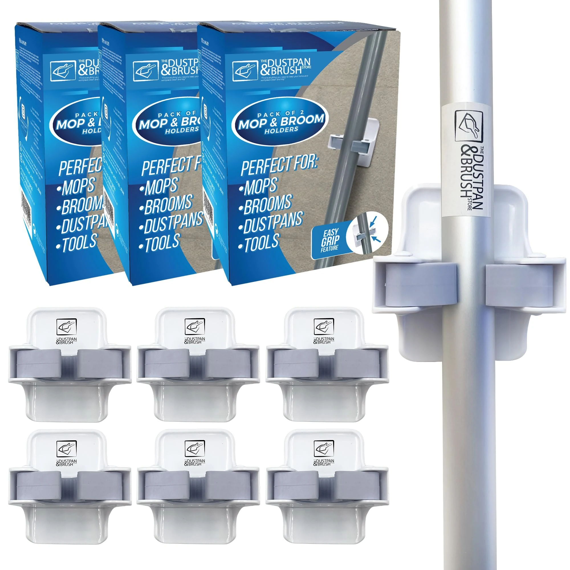 Mop & Broom Holder - Wall Mounted Gripper - Self Adhesive - Perfect for Cupboards, Bathroom, Sheds & Garage (Pack of 3 (6 Holders))