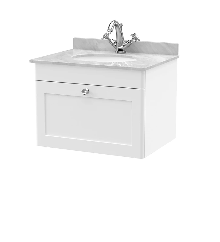 nuie CLC194GR1 Classique Wall Hung 1 Drawer Unit & 1 Tap Hole Marble Worktop with Round Basin, 600mm, Satin White/Grey