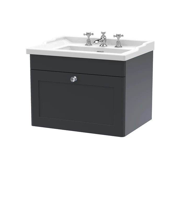 nuie CLC1494G Classique Wall Hung 1 Drawer Vanity Unit & 3 Tap Hole Ceramic Basin, 600mm, Satin Anthracite, Soft Black