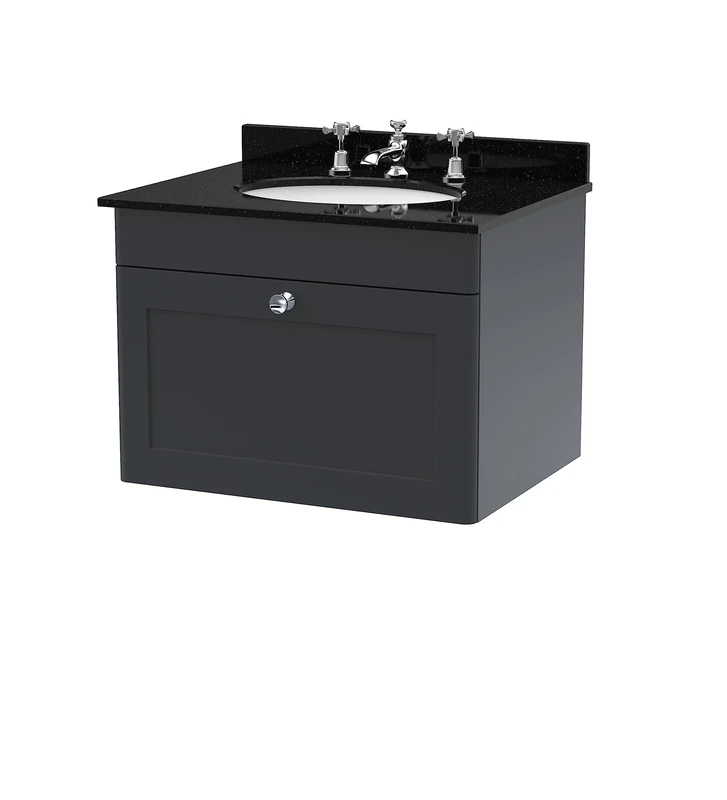 nuie CLC1494BR3 Classique Wall Hung 1 Drawer Unit & 3 Tap Hole Marble Worktop with Round Basin, 600mm, Satin Anthracite, Soft Black