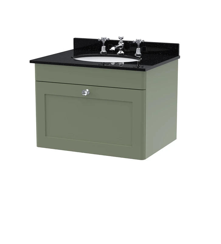nuie CLC894BR3 Classique Wall Hung 1 Drawer Unit & 3 Tap Hole Marble Worktop with Round Basin, 600mm, Satin Green/Black