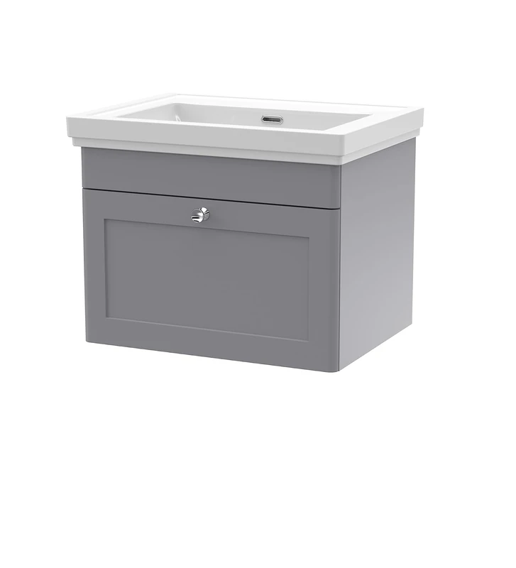 nuie CLC294H Classique Wall Hung 1 Drawer Vanity Unit & 0 Tap Hole Fireclay Basin, 600mm, Satin Grey