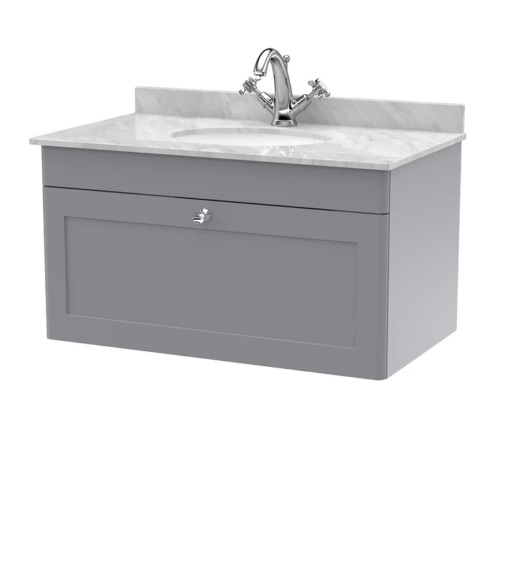 nuie CLC296GR1 Classique Wall Hung 1 Drawer Unit & 1 Tap Hole Marble Worktop with Round Basin, 800mm, Satin Grey