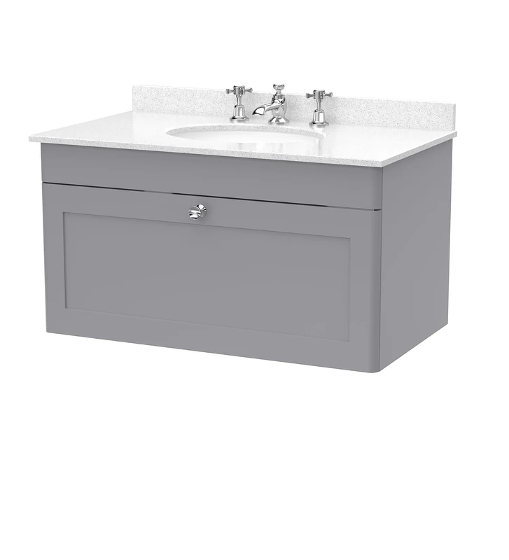 nuie CLC296WR3 Classique Wall Hung 1 Drawer Unit & 3 Tap Hole Marble Worktop with Round Basin, 800mm, Satin Grey/White