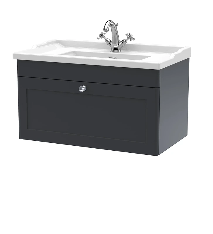 nuie CLC1496F Classique Wall Hung 1 Drawer Vanity Unit & 1 Tap Hole Ceramic Basin, 800mm, Satin Anthracite, Soft Black