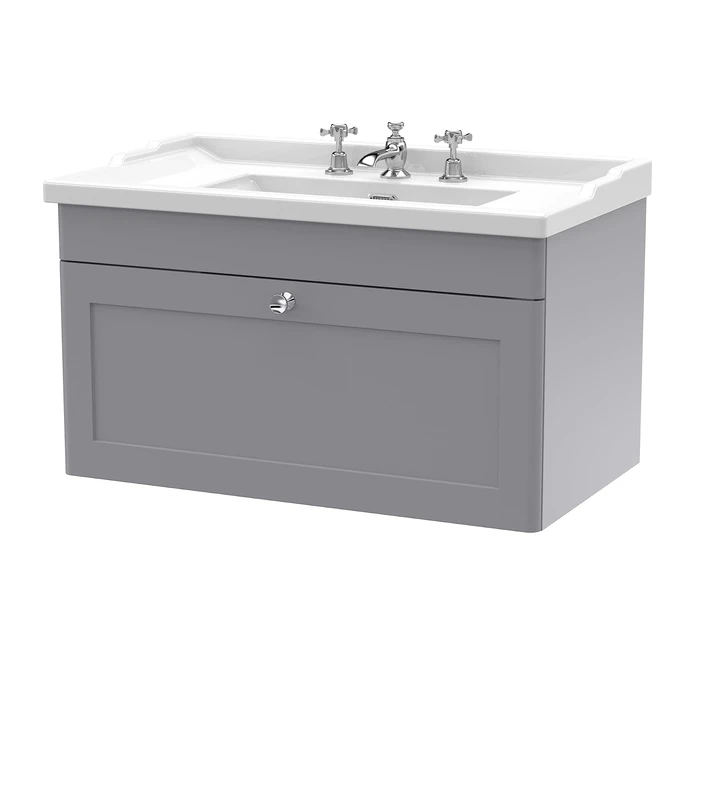 nuie CLC296G Classique Wall Hung 1 Drawer Vanity Unit & 3 Tap Hole Ceramic Basin, 800mm, Satin Grey