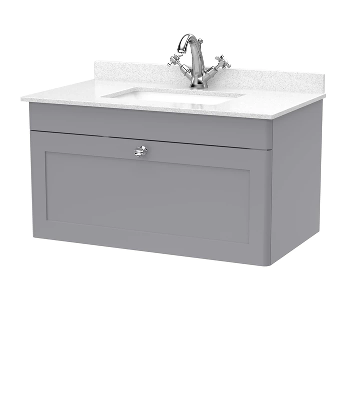 nuie CLC296WS1 Classique Wall Hung 1 Drawer Unit & 1 Tap Hole Marble Worktop with Square Basin, 800mm, Satin Grey/White