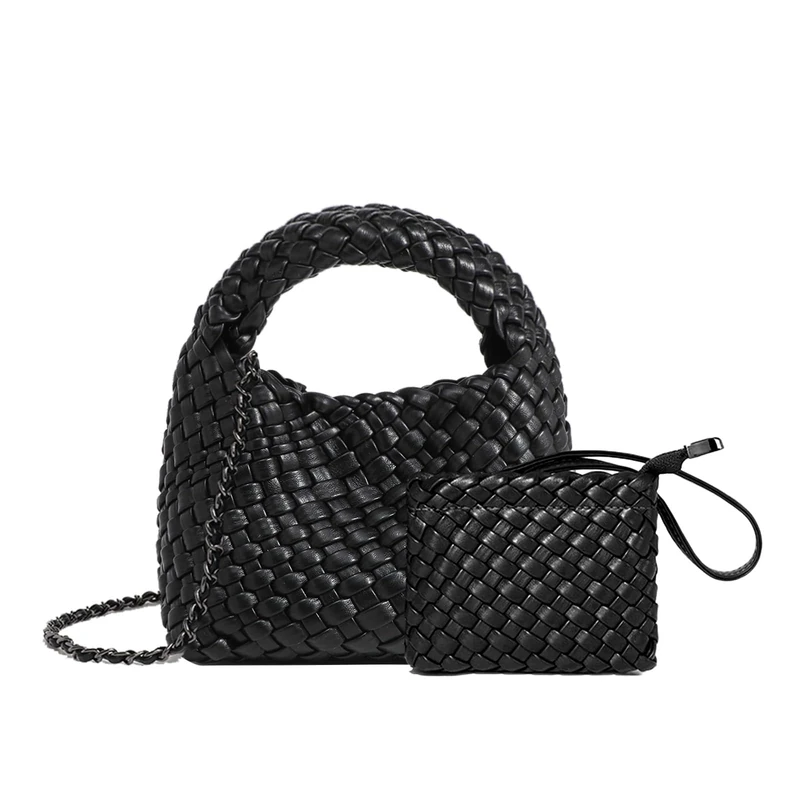 JINMANXUE Fashion Handbag For Women Woven Tote Bag Bucket Composite Bag Knitting Chain Bag Female Crossbody Shoulder Bag Shopper Purses, Black