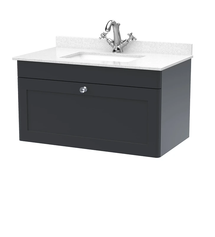 nuie CLC1496WS1 Classique Wall Hung 1 Drawer Unit & 1 Tap Hole Marble Worktop with Square Basin, 800mm, Satin Anthracite/White, Soft Black