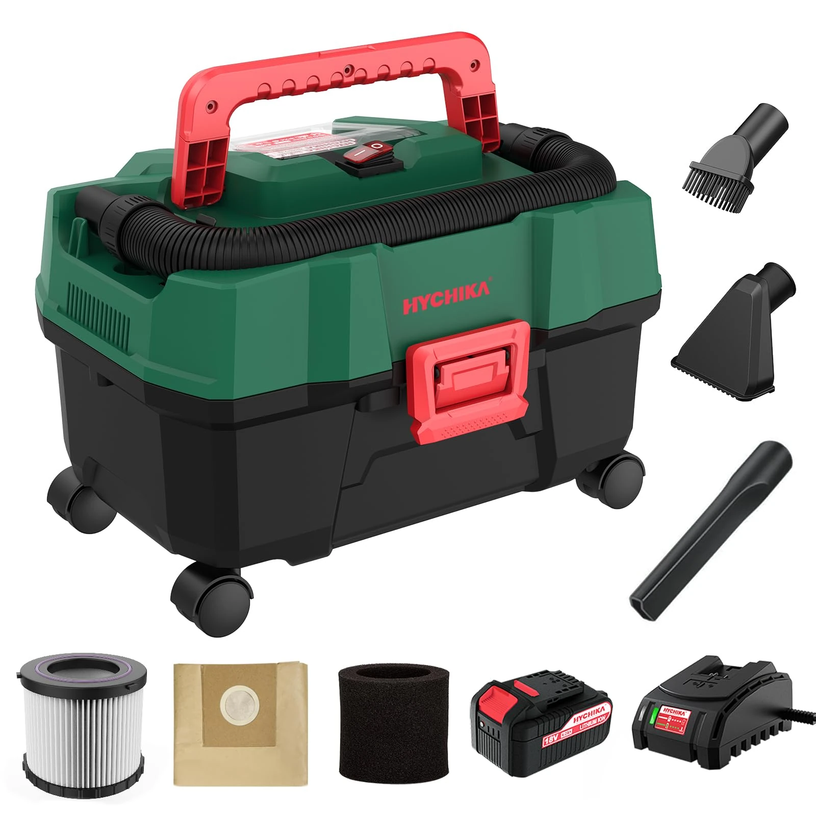 HYCHIKA Cordless Wet and Dry Vacuum Cleaner 18V/15L, 3-IN-1 Vacuum Cleaner with Blower Function, with 4.0Ah Battery, Fast Charger, HEPA Filter, Great For Cars, DIY Worhshops, Outdoors Cleaning