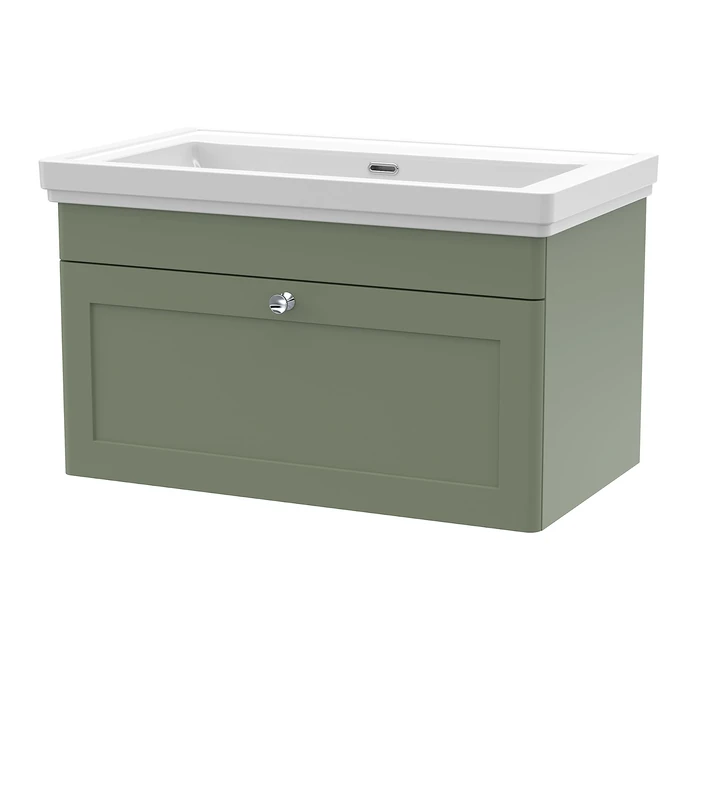 nuie CLC896H Classique Wall Hung 1 Drawer Vanity Unit & 0 Tap Hole Fireclay Basin, 800mm, Satin Green