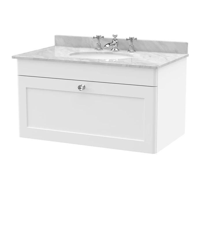 nuie CLC196GR3 Classique Wall Hung 1 Drawer Unit & 3 Tap Hole Marble Worktop with Round Basin, 800mm, Satin White/Grey