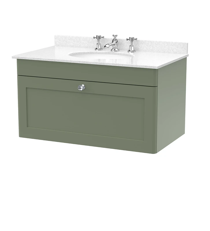 nuie CLC896WR3 Classique Wall Hung 1 Drawer Unit & 3 Tap Hole Marble Worktop with Round Basin, 800mm, Satin Green/White