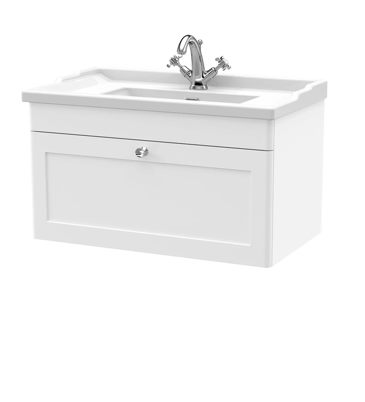 nuie CLC196F Classique Wall Hung 1 Drawer Vanity Unit & 1 Tap Hole Ceramic Basin, 800mm, Satin White