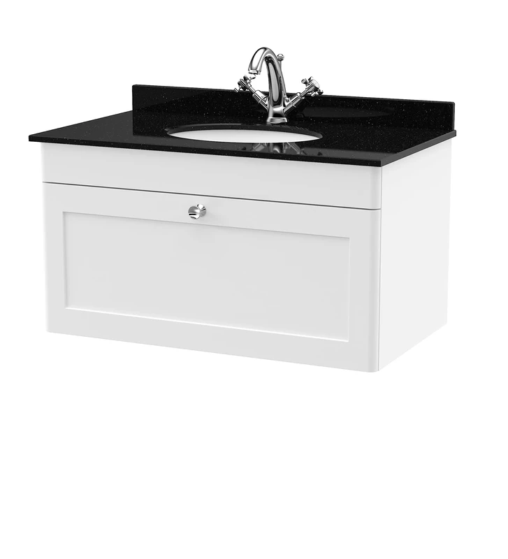 nuie CLC196BR1 Classique Wall Hung 1 Drawer Unit & 1 Tap Hole Marble Worktop with Round Basin, 800mm, Satin White/Black