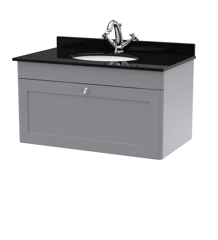 nuie CLC296BR1 Classique Wall Hung 1 Drawer Unit & 1 Tap Hole Marble Worktop with Round Basin, 800mm, Satin Grey/Black