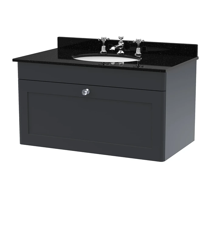 nuie CLC1496BR3 Classique Wall Hung 1 Drawer Unit & 3 Tap Hole Marble Worktop with Round Basin, 800mm, Satin Anthracite, Soft Black