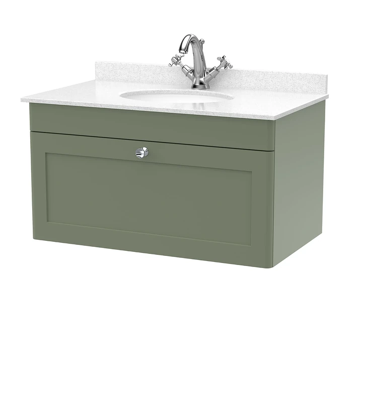 nuie CLC896WR1 Classique Wall Hung 1 Drawer Unit & 1 Tap Hole Marble Worktop with Round Basin, 800mm, Satin Green/White