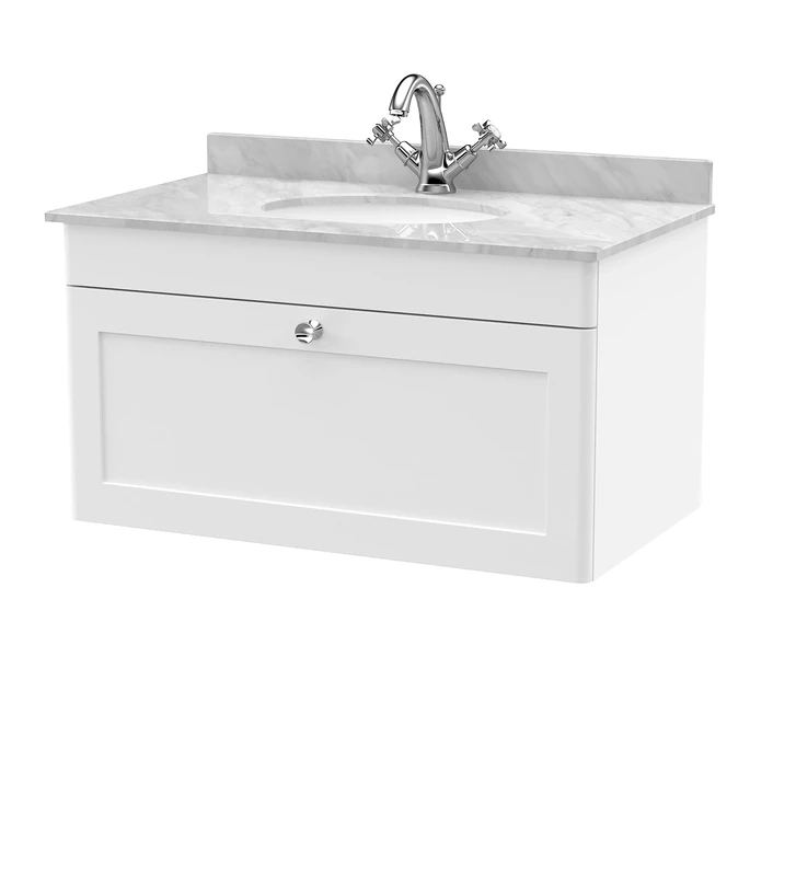 nuie CLC196GR1 Classique Wall Hung 1 Drawer Unit & 1 Tap Hole Marble Worktop with Round Basin, 800mm, Satin White/Grey