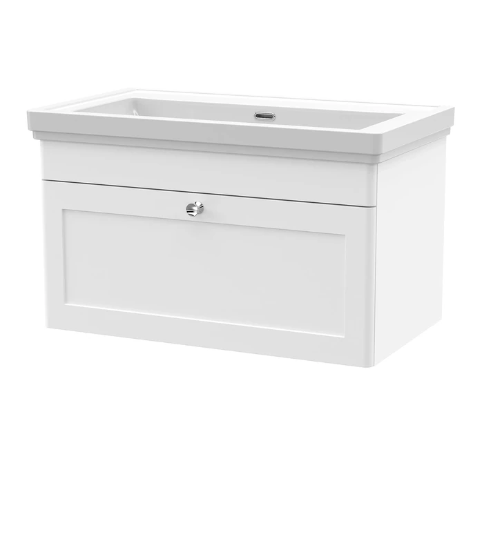nuie CLC196H Classique Wall Hung 1 Drawer Vanity Unit & 0 Tap Hole Fireclay Basin, 800mm, Satin White
