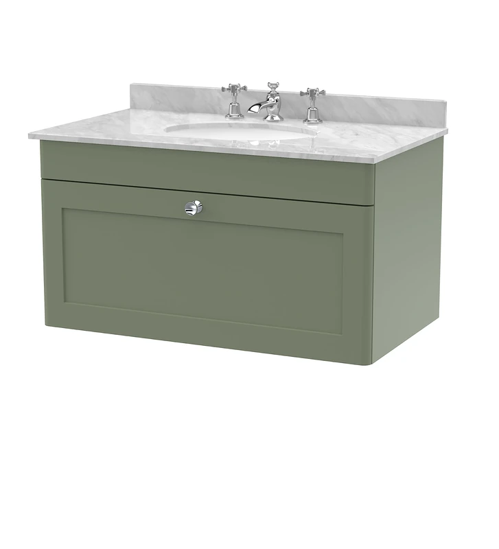 nuie CLC896GR3 Classique Wall Hung 1 Drawer Unit & 3 Tap Hole Marble Worktop with Round Basin, 800mm, Satin Green/Grey