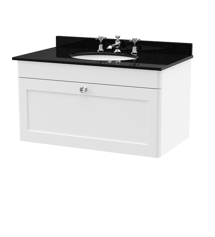 nuie CLC196BR3 Classique Wall Hung 1 Drawer Unit & 3 Tap Hole Marble Worktop with Round Basin, 800mm, Satin White/Black