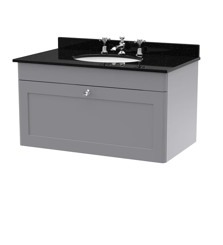nuie CLC296BR3 Classique Wall Hung 1 Drawer Unit & 3 Tap Hole Marble Worktop with Round Basin, 800mm, Satin Grey/Black