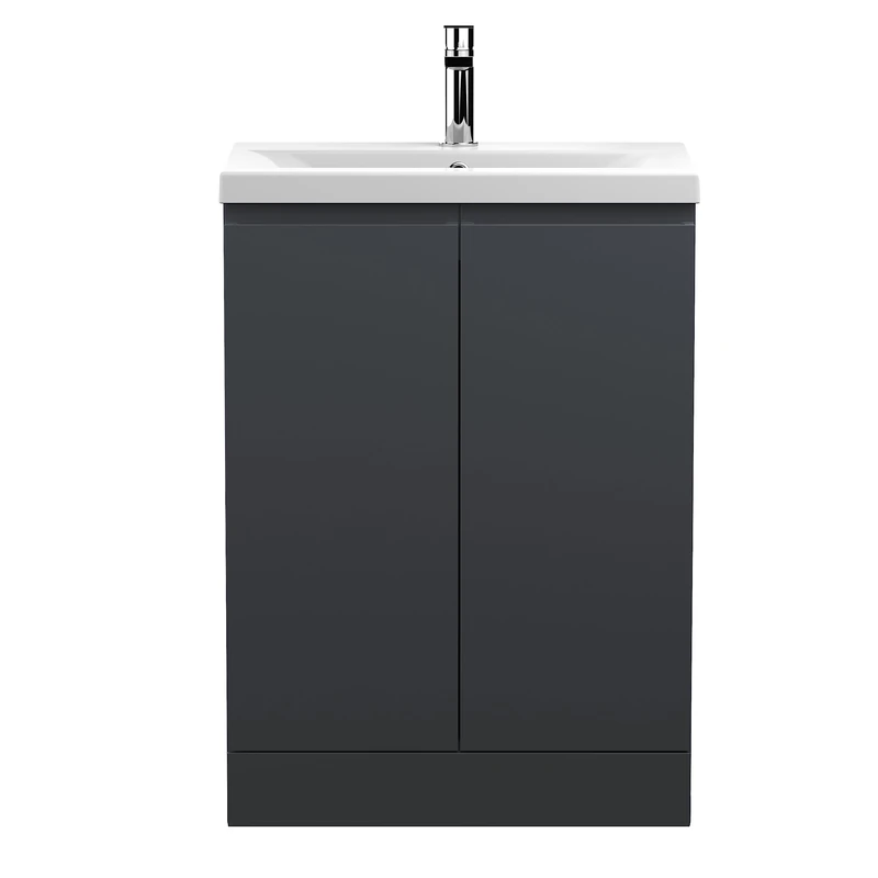 Hudson Reed URB1408A Urban Modern Bathroom Floor Standing 2 Door Bathroom Vanity Unit & Mid-Edge Ceramic Basin, 600mm, Soft Black