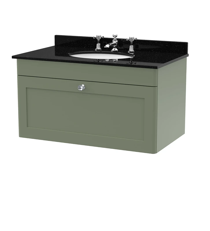 nuie CLC896BR3 Classique Wall Hung 1 Drawer Unit & 3 Tap Hole Marble Worktop with Round Basin, 800mm, Satin Green/Black